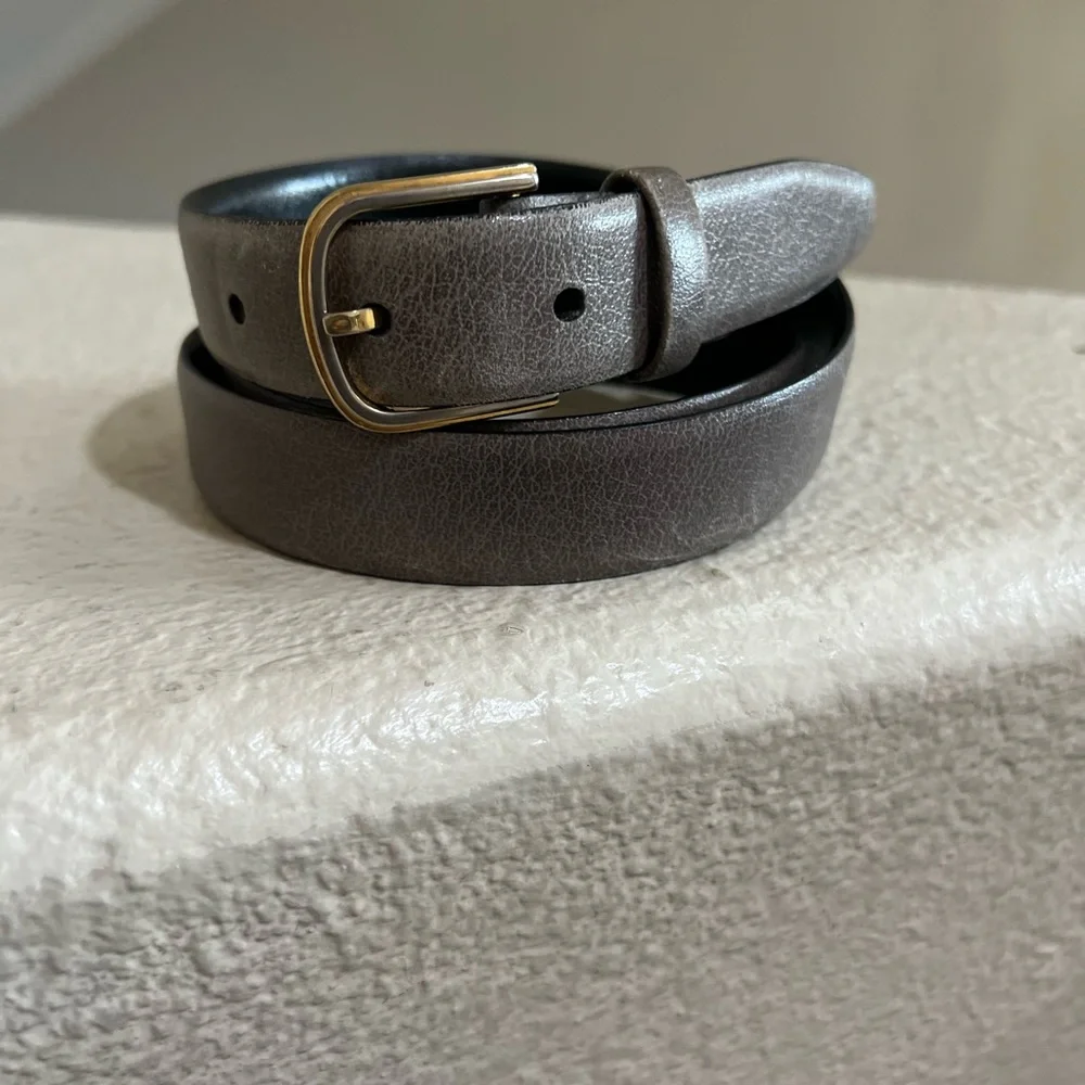 VNTG buffalo grain cowhide Women Waist Slim belt Gray‎ Leather Brass Buckle Sz M